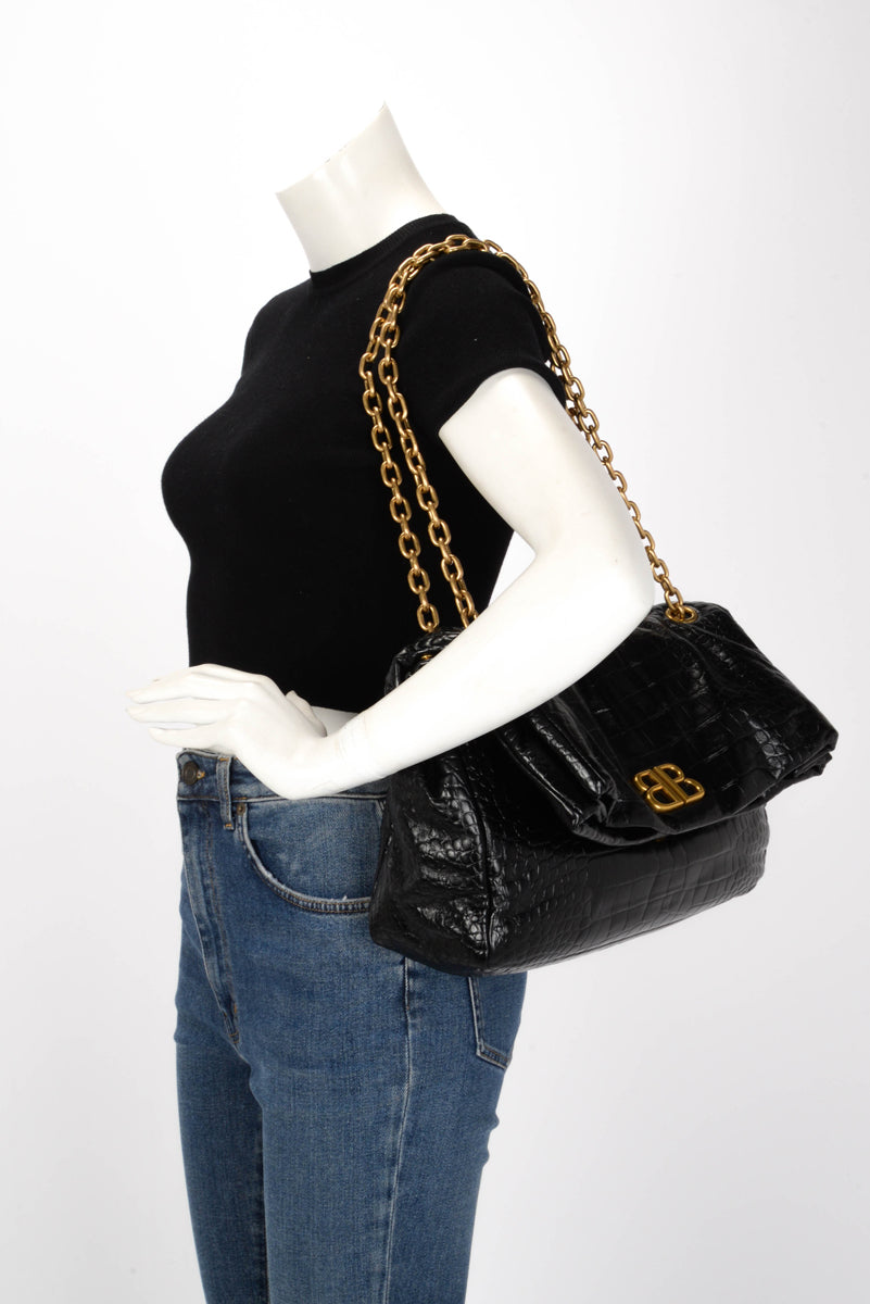 Balenciaga Black Croc Embossed Leather Medium Monaco Sling Bag
