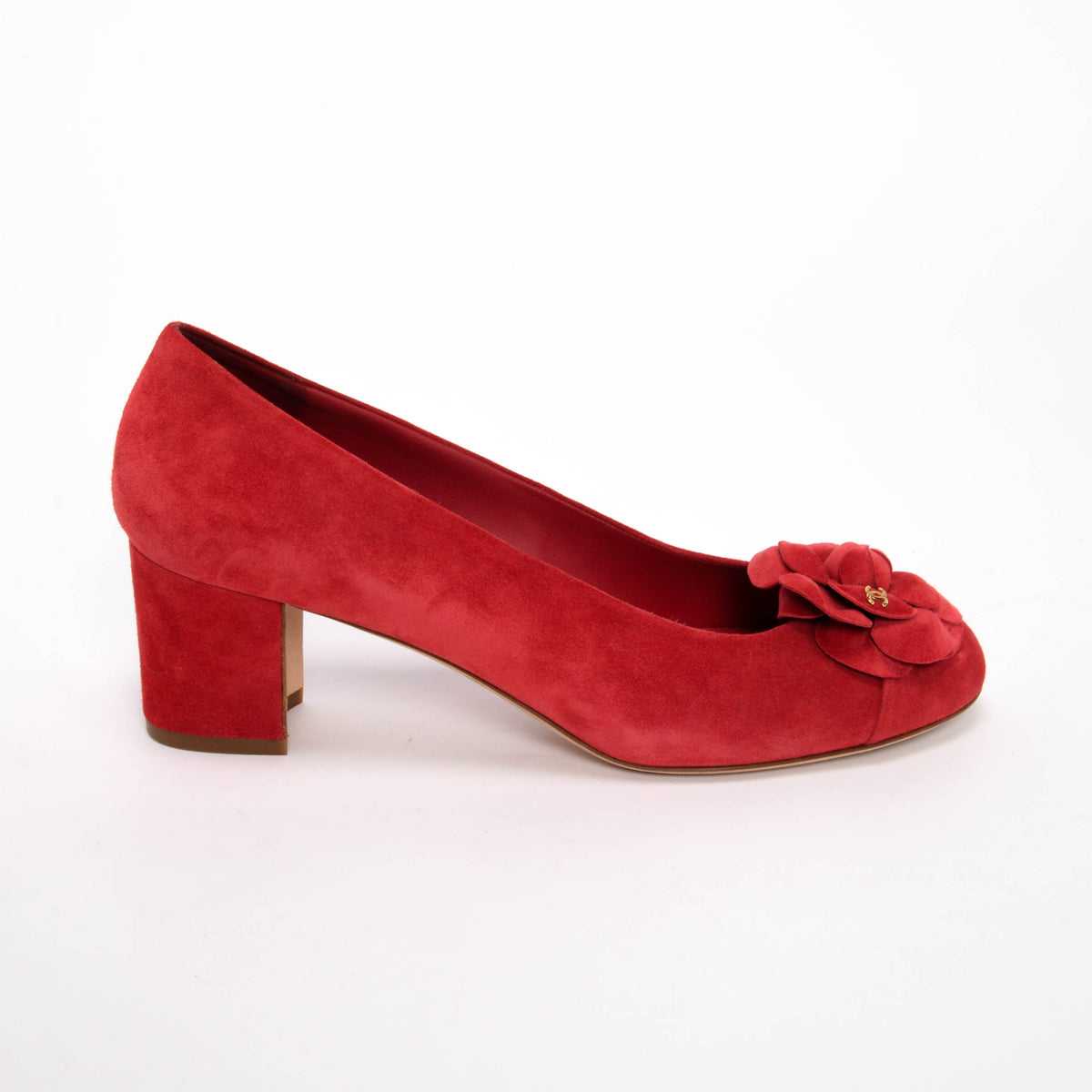 Chanel Red Suede Camellia Pumps 40.5