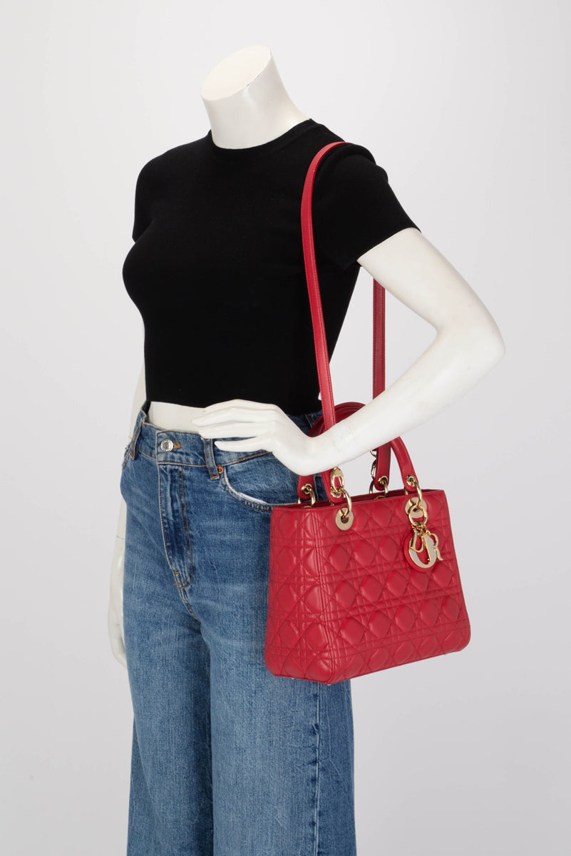 Dior Red Lambskin Cannage Medium Lady Dior Bag