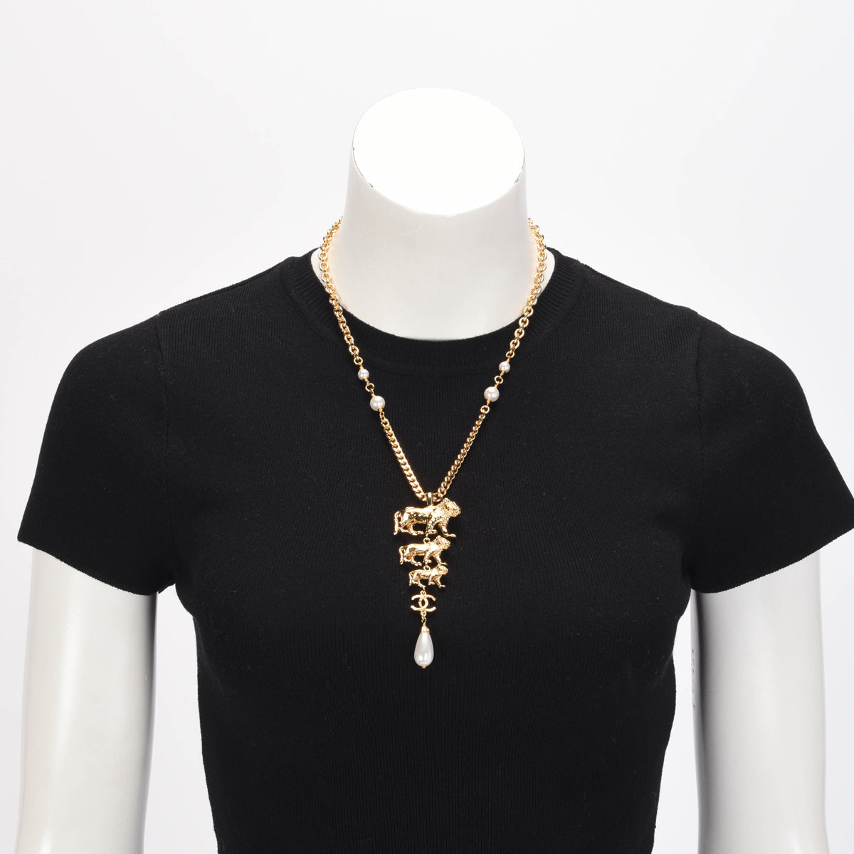 Chanel Gold Pearl 3 Lions CC Necklace