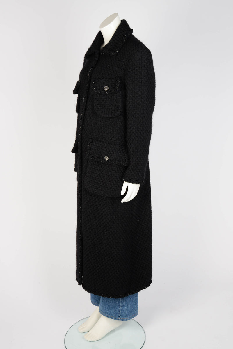 Chanel Black Wool Boucle Braided Trim Coat FR 50