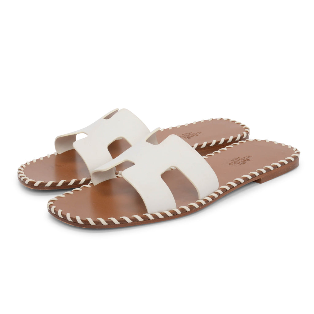 Hermes White Calfskin Whipstitch Oran Flats 38