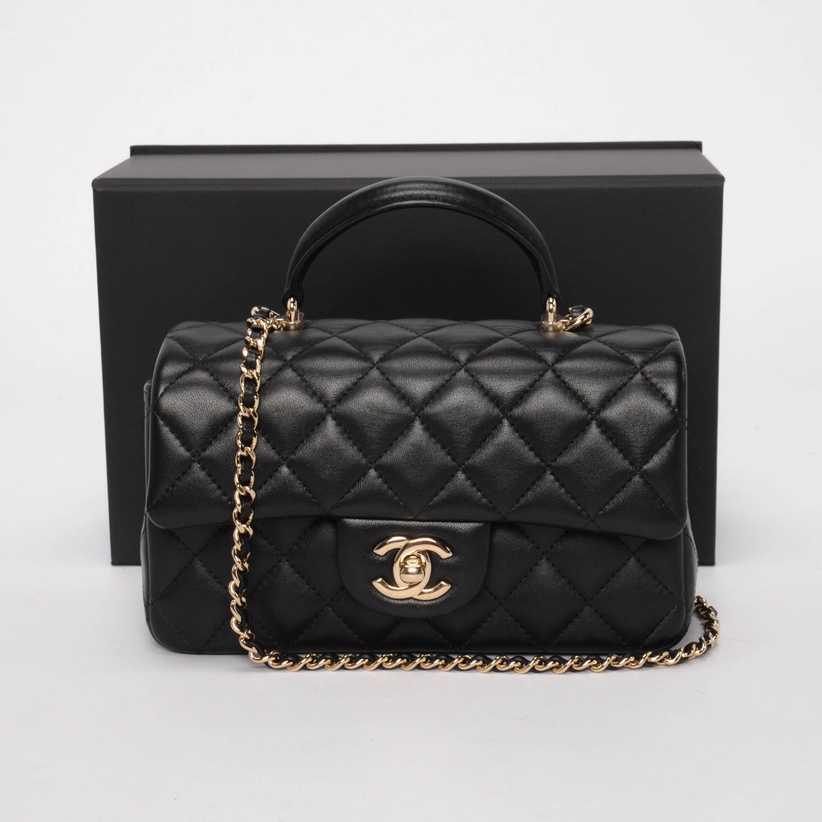 Chanel Black Lambskin Mini Top Handle Rectangular Flap Bag