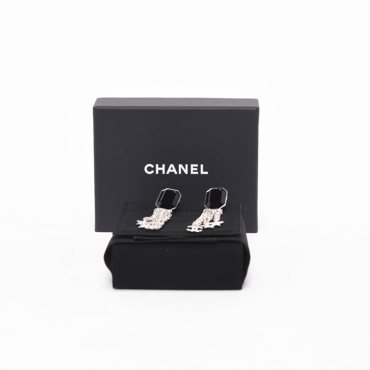 Chanel Silver & Black Crystal Star CC Drop Earrings