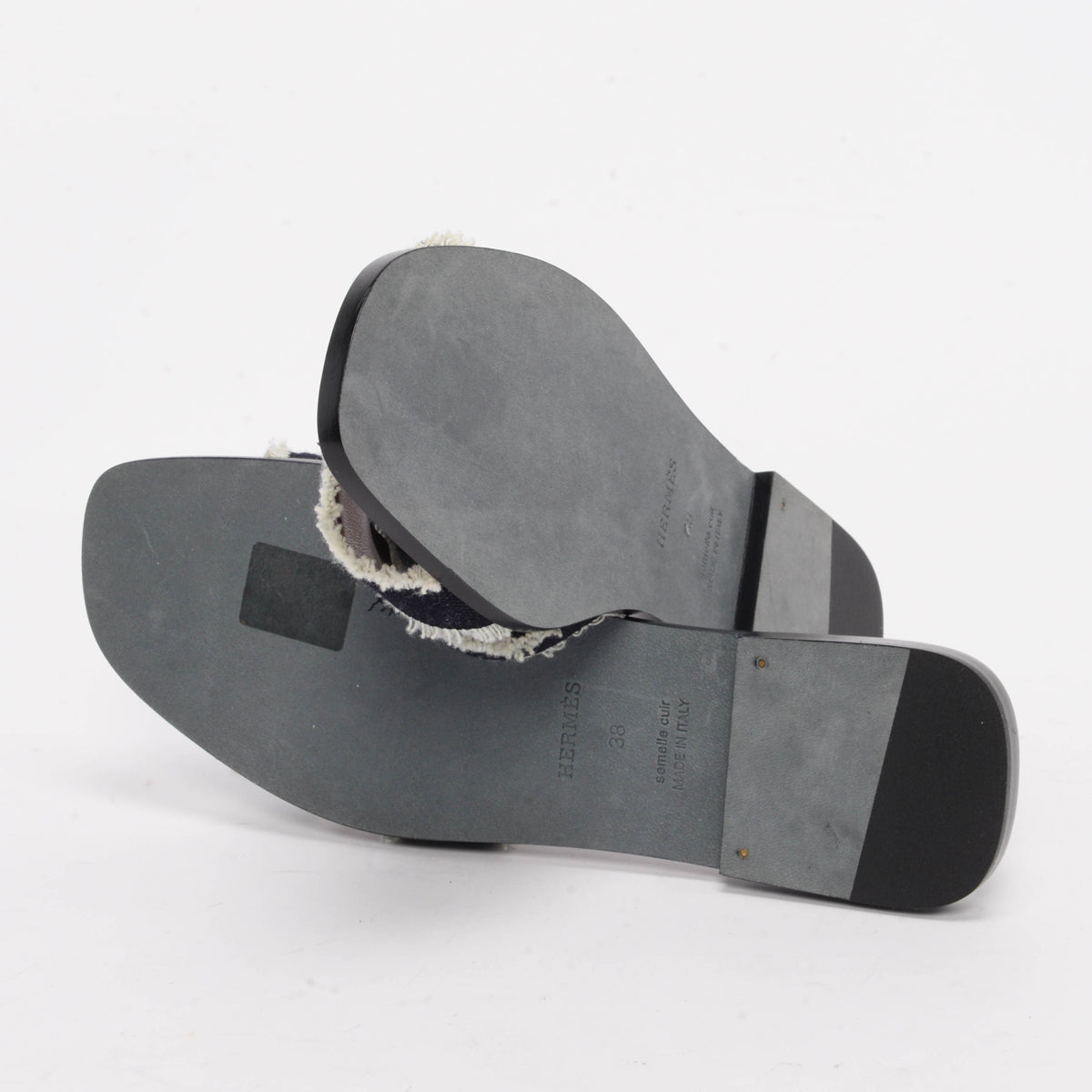 Hermes Bleu Brut Fringed Denim Oran Sandals 38