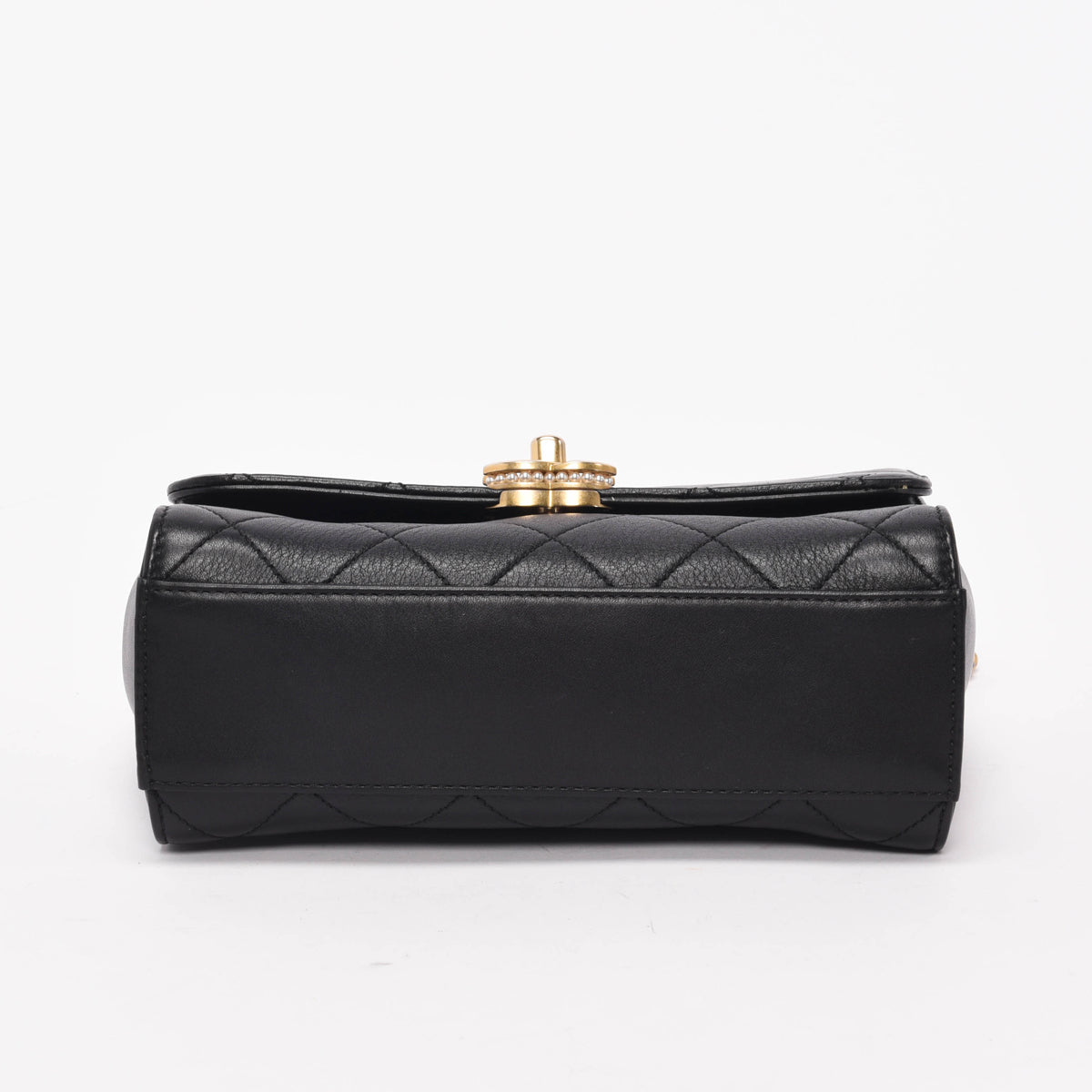Chanel Black Calfskin Pearl Logo Top Handle Flap Bag