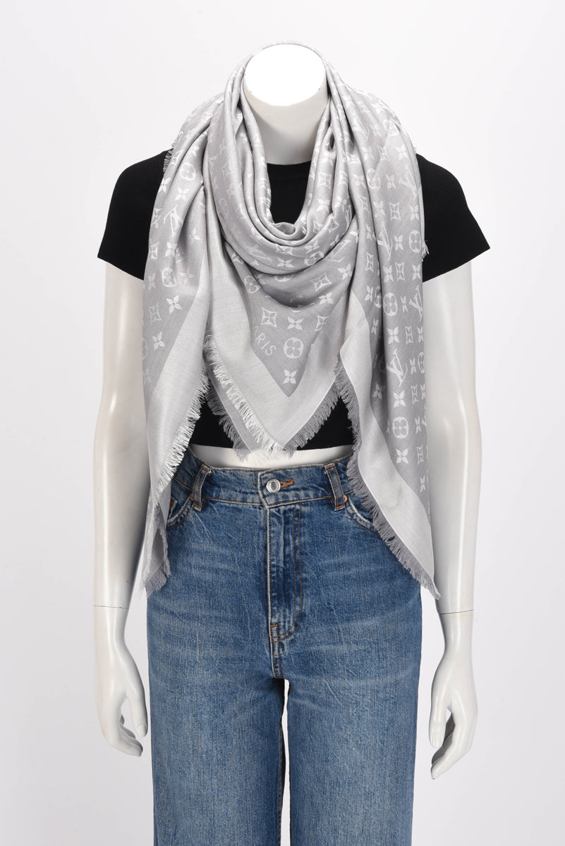 Louis Vuitton Pearl Grey Silk & Wool Denim Monogram Shawl
