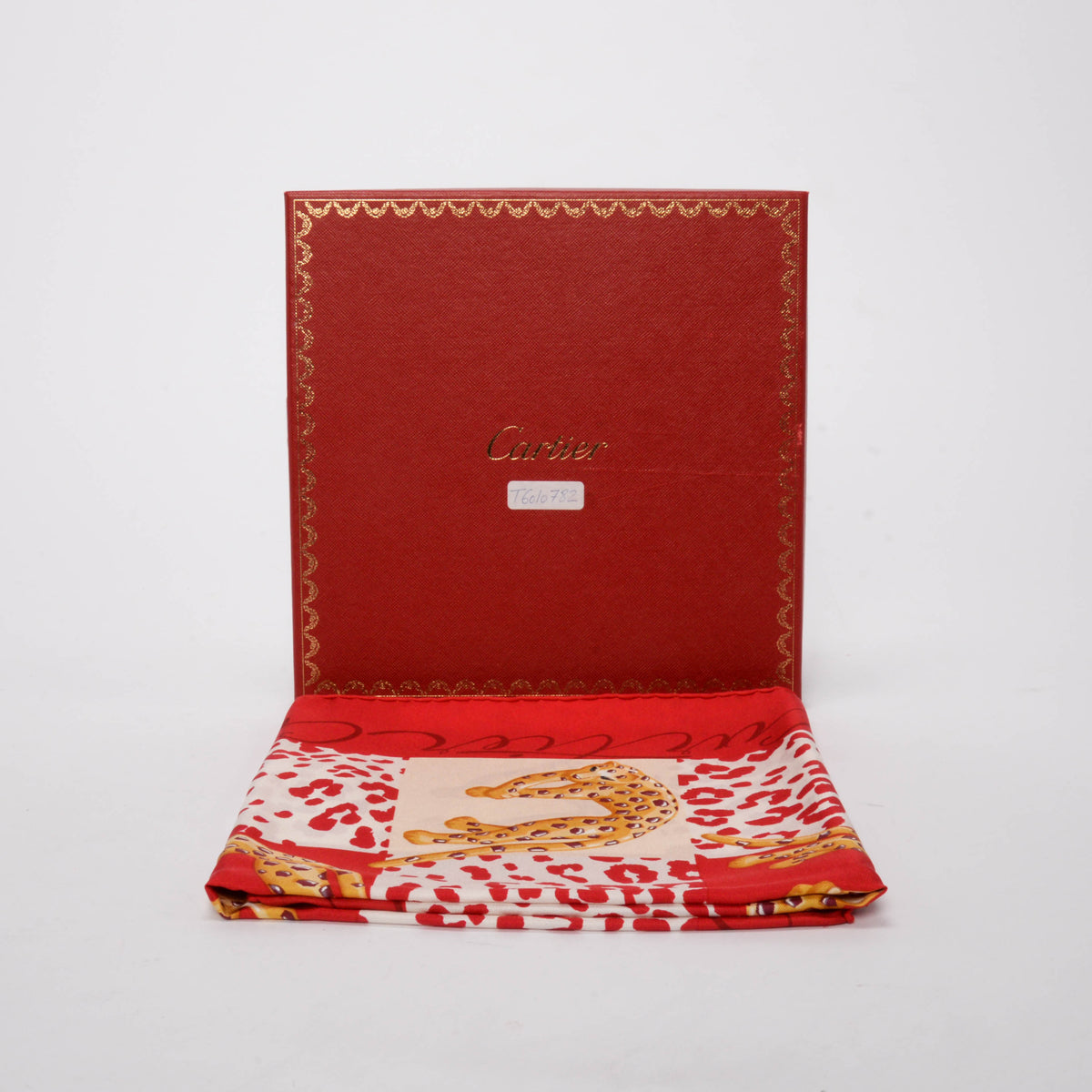 Cartier Red Silk Panther Print Scarf