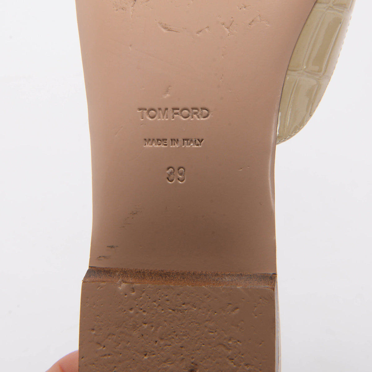 Tom Ford Beige Patent Croc Open Toe Flats 39