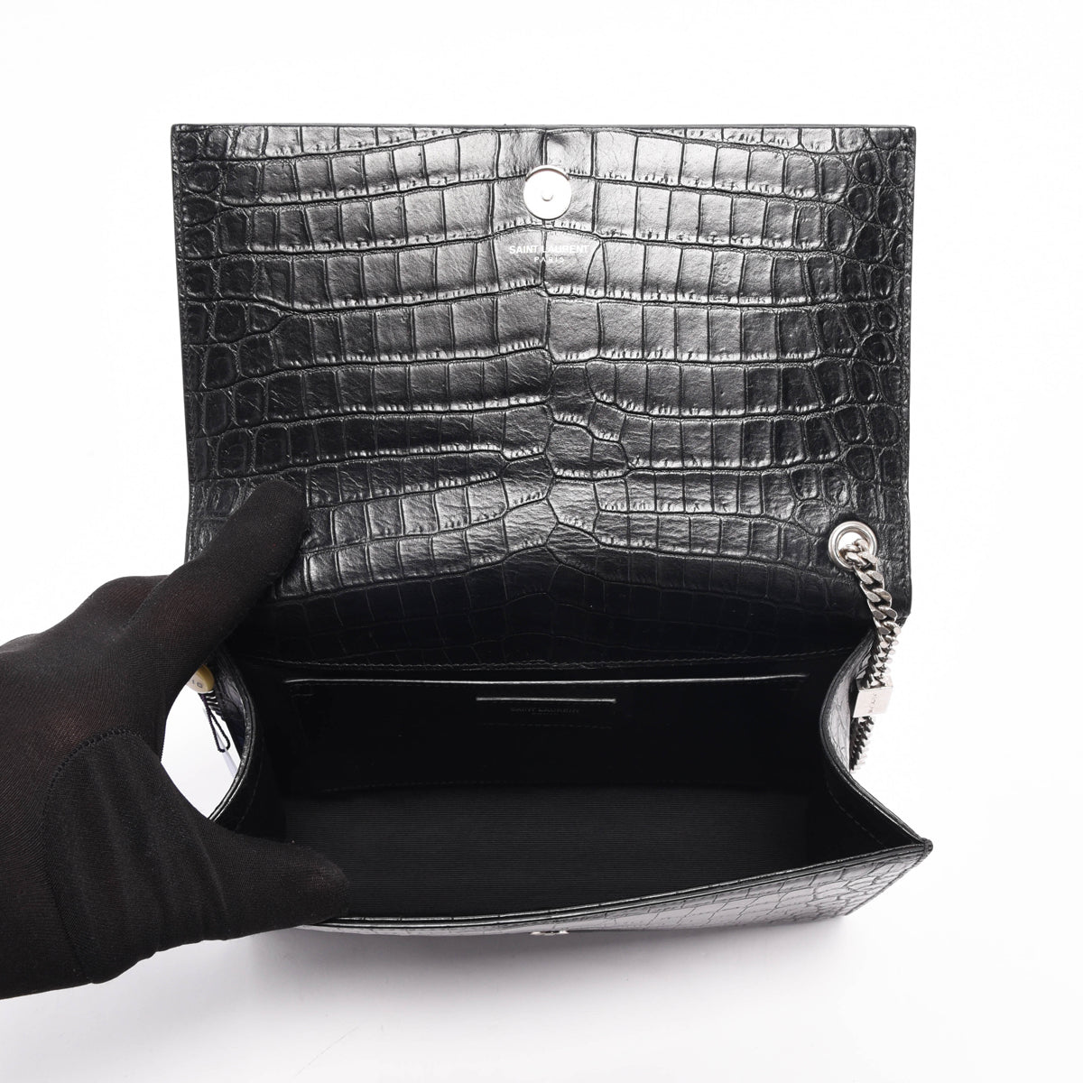 Saint Laurent Black Croc Embossed Medium Kate Tassel Bag