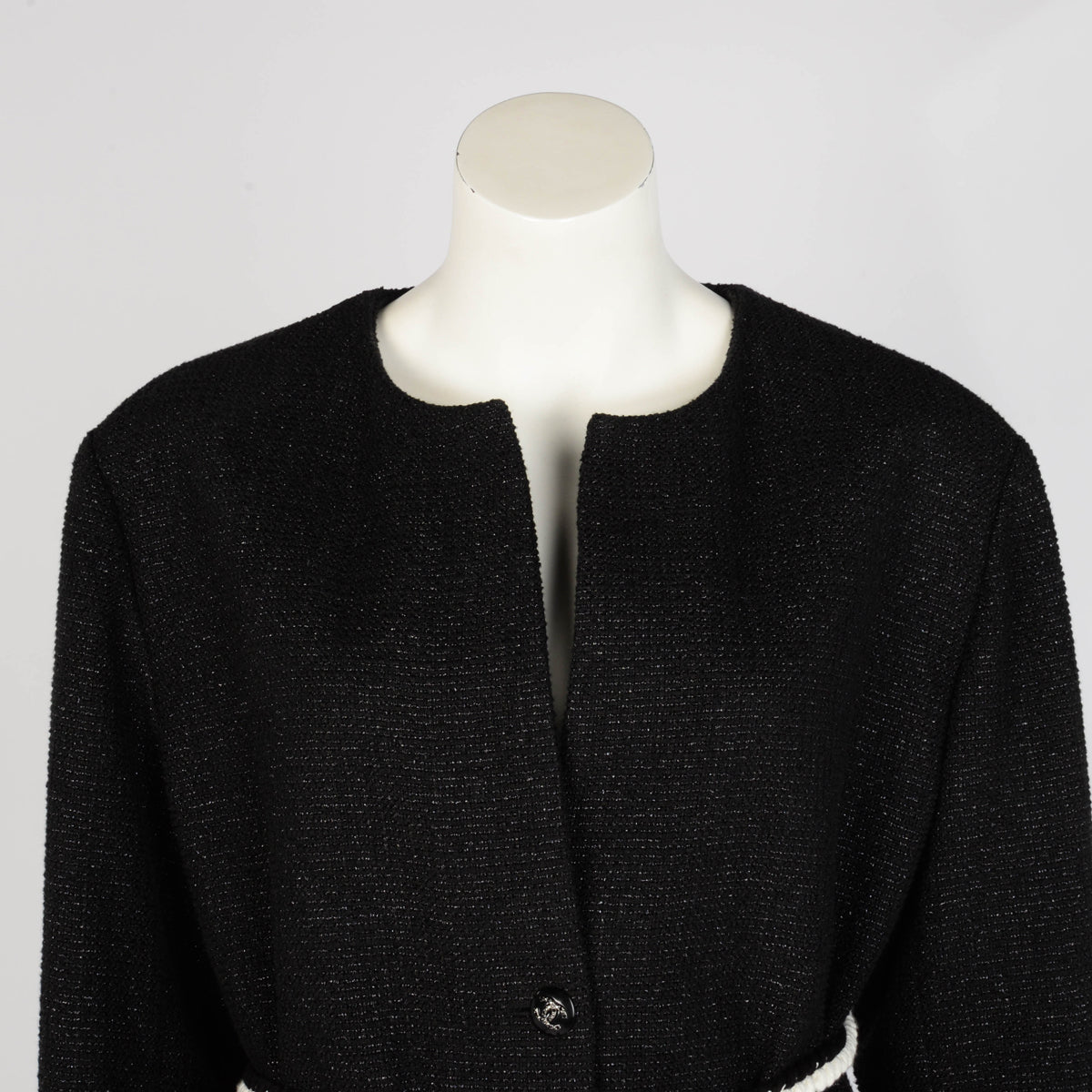 Chanel Black Lurex Tweed Braided Belt Jacket FR 50