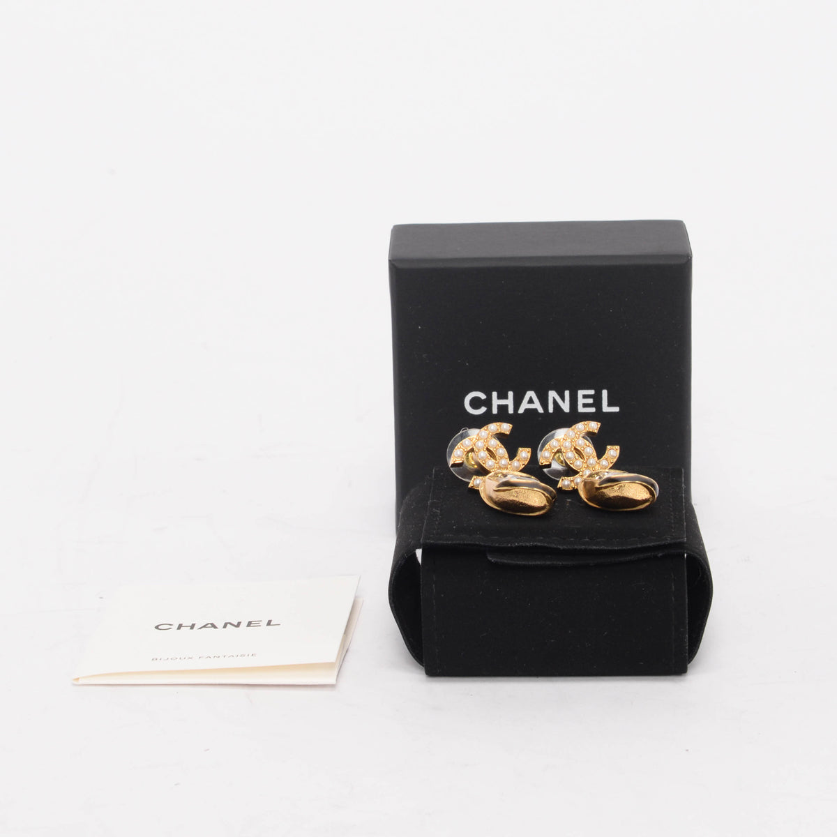 Chanel Gold Tone Pearl CC Crystal Drop Earrings