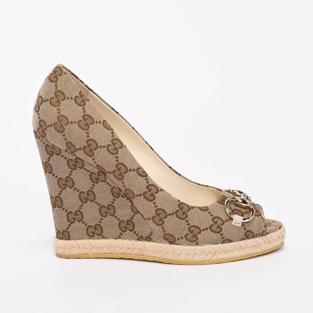 Gucci Beige GG Canvas Horsebit Espadrille Wedges