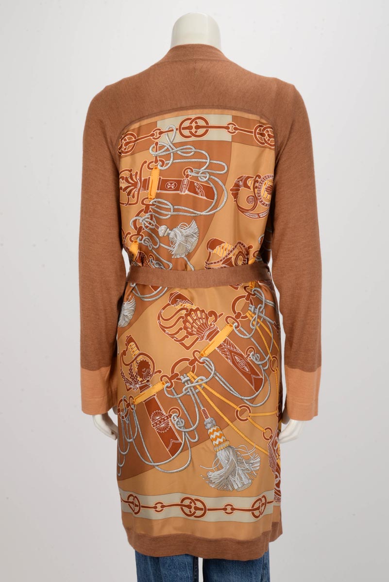 Hermes Brown Silk & Cashmere Cliquetis Belted Cardigan FR 42
