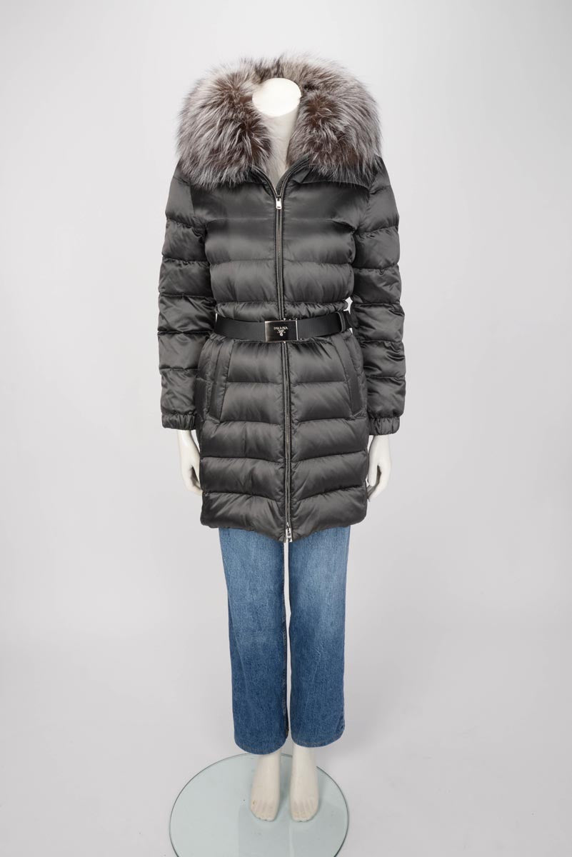 Prada Grey Nylon Belted Fur Trim Hood Puffer Jacket IT 40