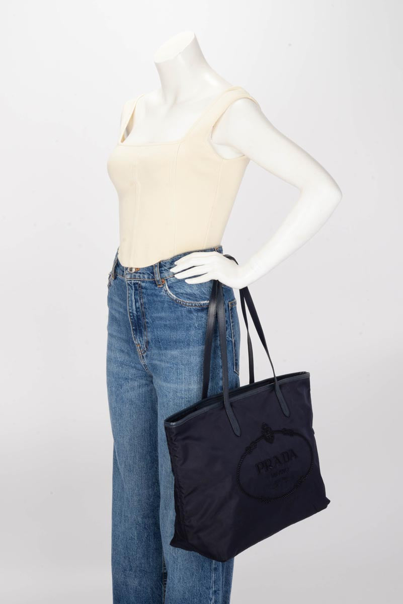 Prada Navy Re-Nylon Embroidered Logo Tote
