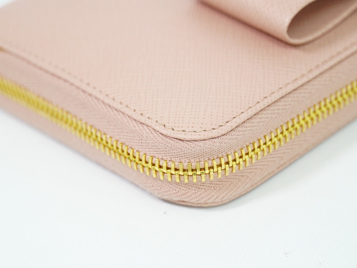 Prada Pink Saffiano Leather Bow Zip Around Wallet