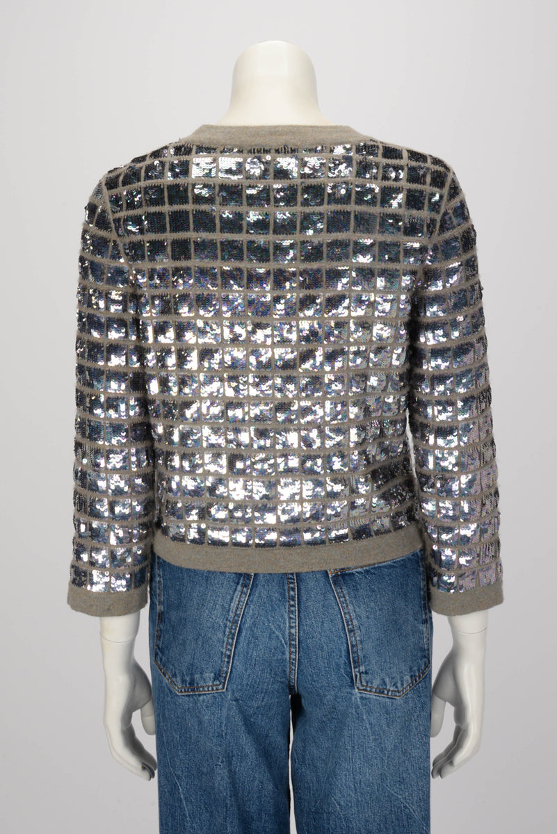 Chanel Grey Cashmere Iridescent Sequin Cardigan FR 36