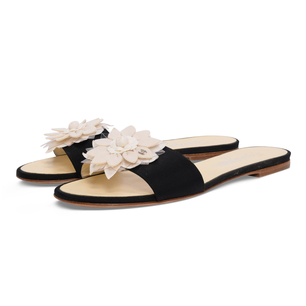 Chanel Black Grosgrain Floral Embellished Sandals 37