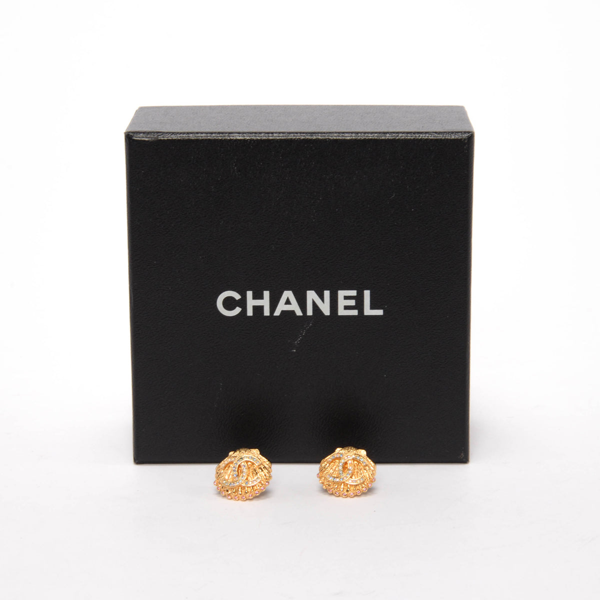 Chanel Gold Crystal CC Shell Earrings