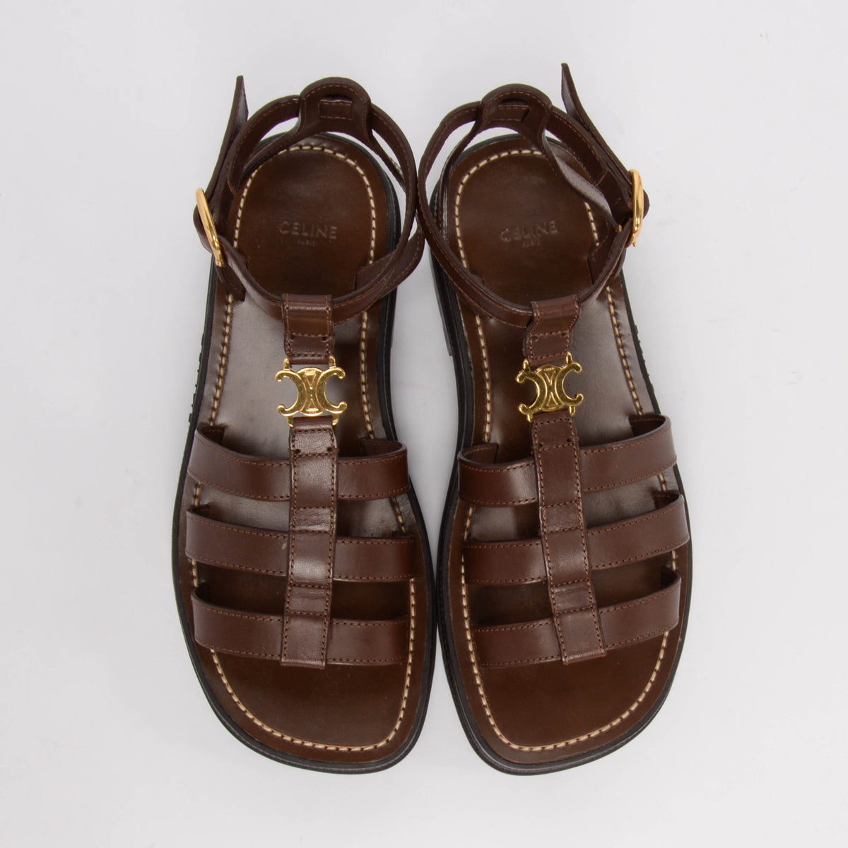 Celine Dark Brown Calfskin Clea Triomphe Sandals 40