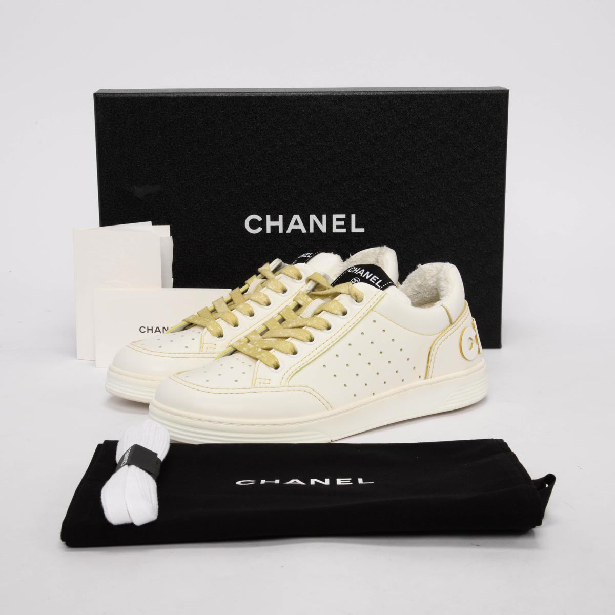 Chanel White & Yellow Calfskin Logo Sneakers 37.5