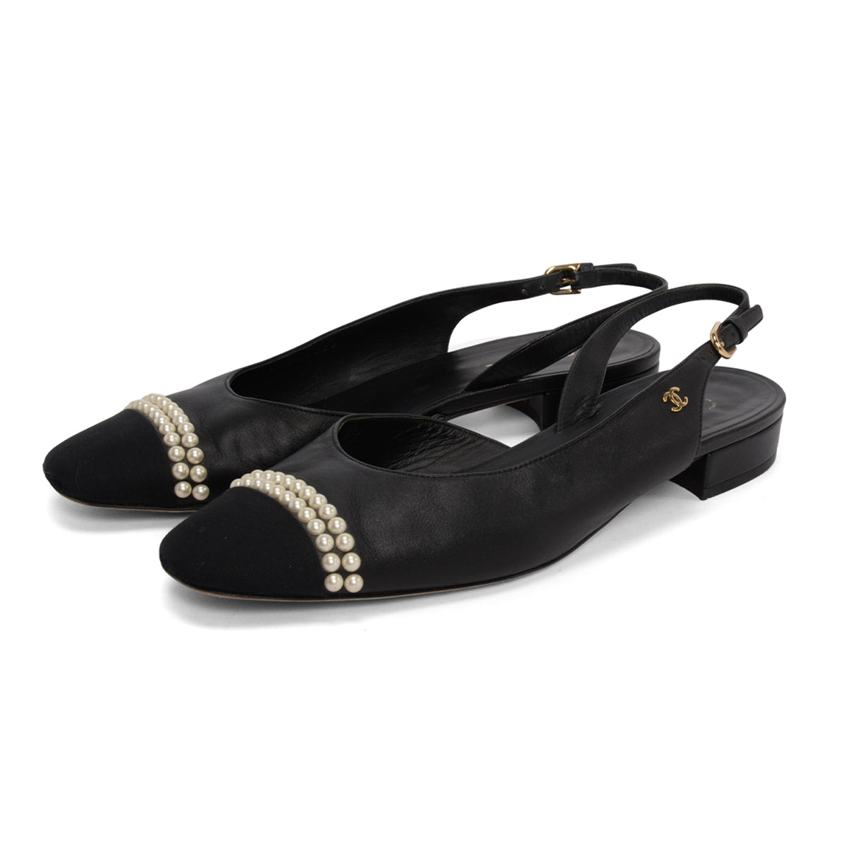 Chanel Black Lambskin Pearl Cap Toe CC Slingback Flats 40
