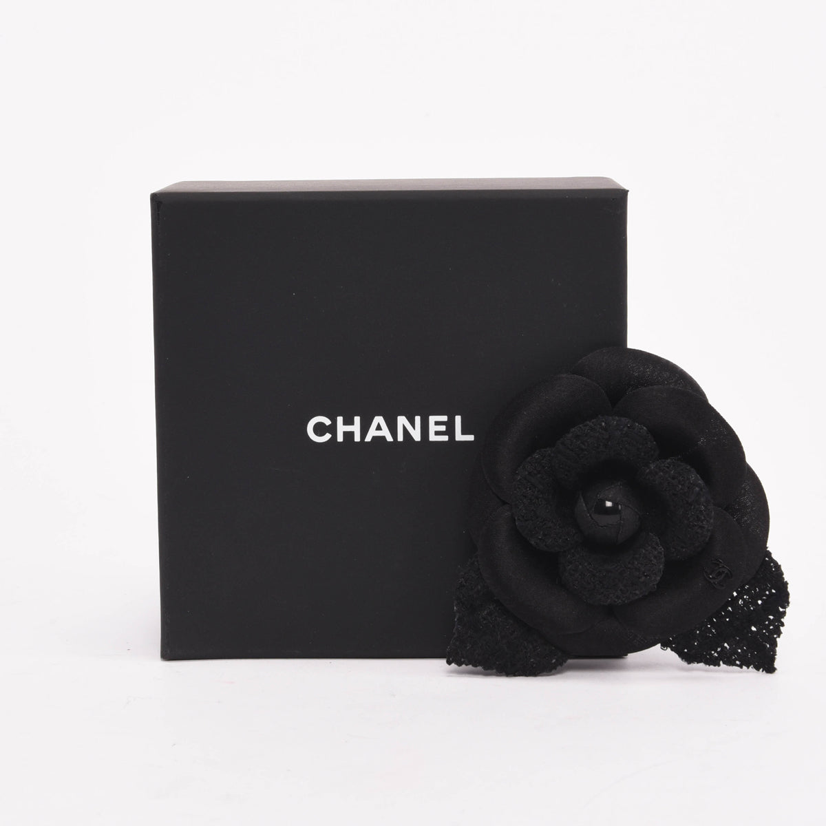 Chanel Black Satin & Tweed Camellia Brooch