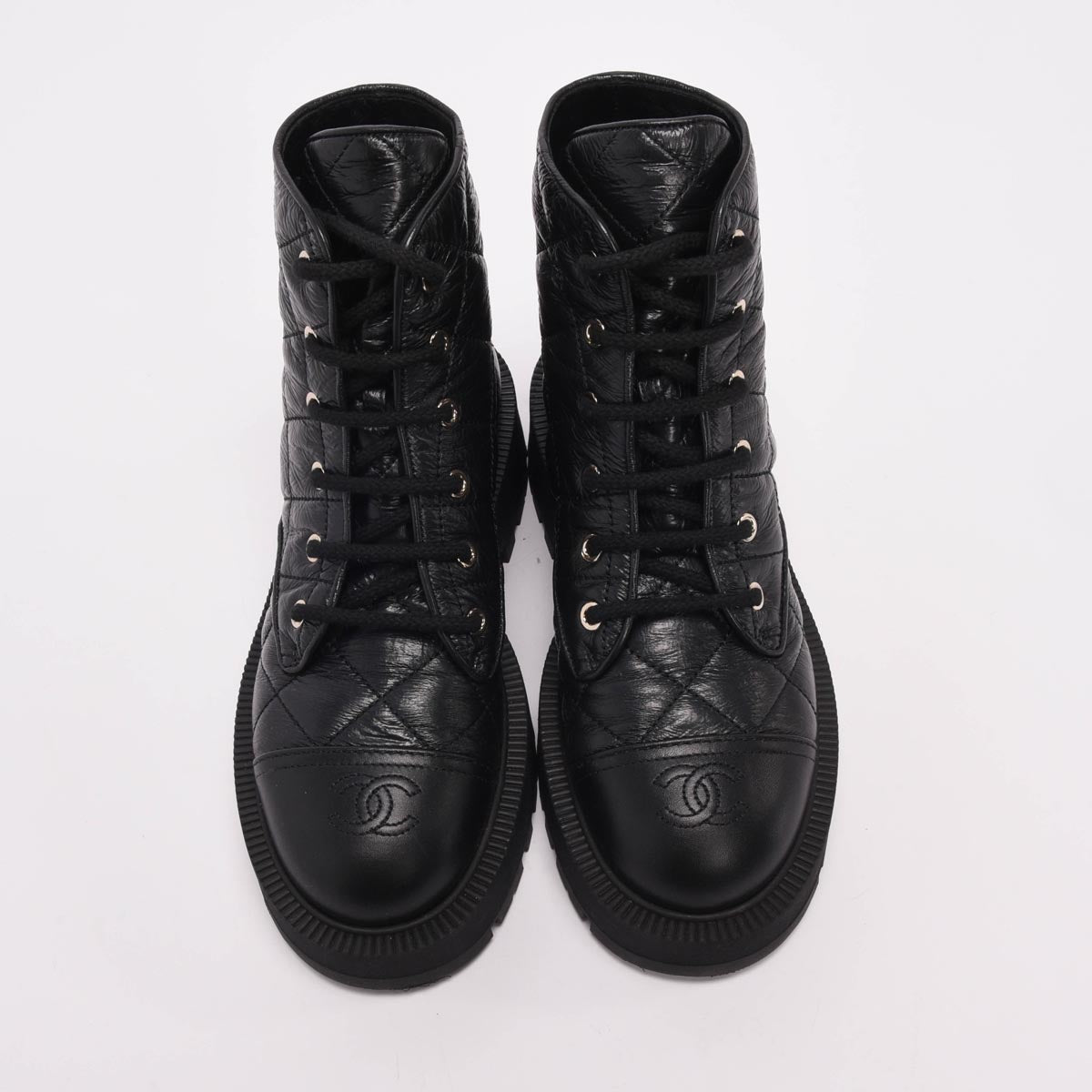 Chanel Black Distressed Calfskin Short Combat Boots 38.5