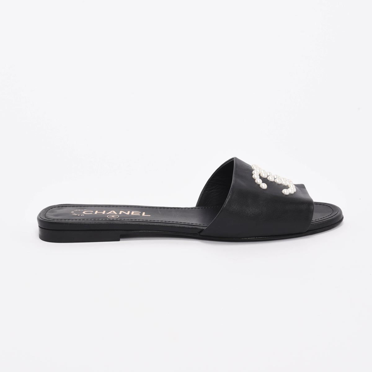 Chanel Black Lambskin CC Pearl Slides 38.5