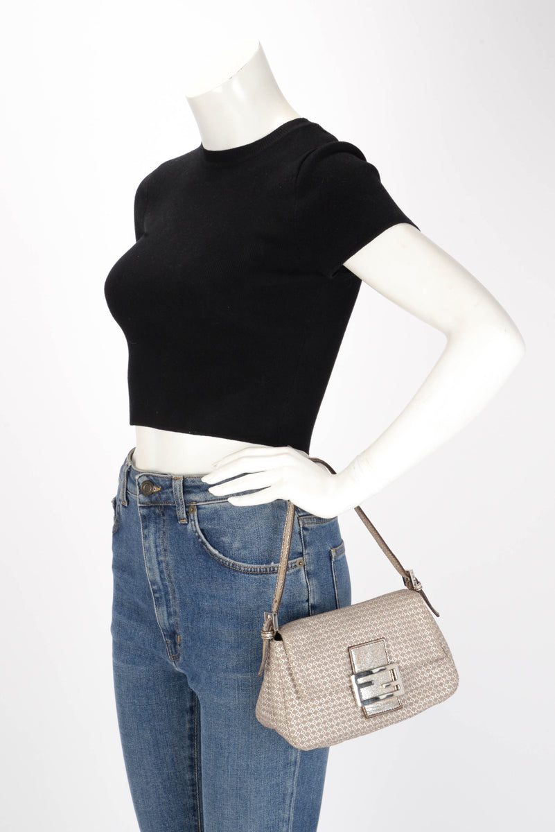 Fendi Beige & Silver Micro Zucchino Canvas Mini Baguette Bag
