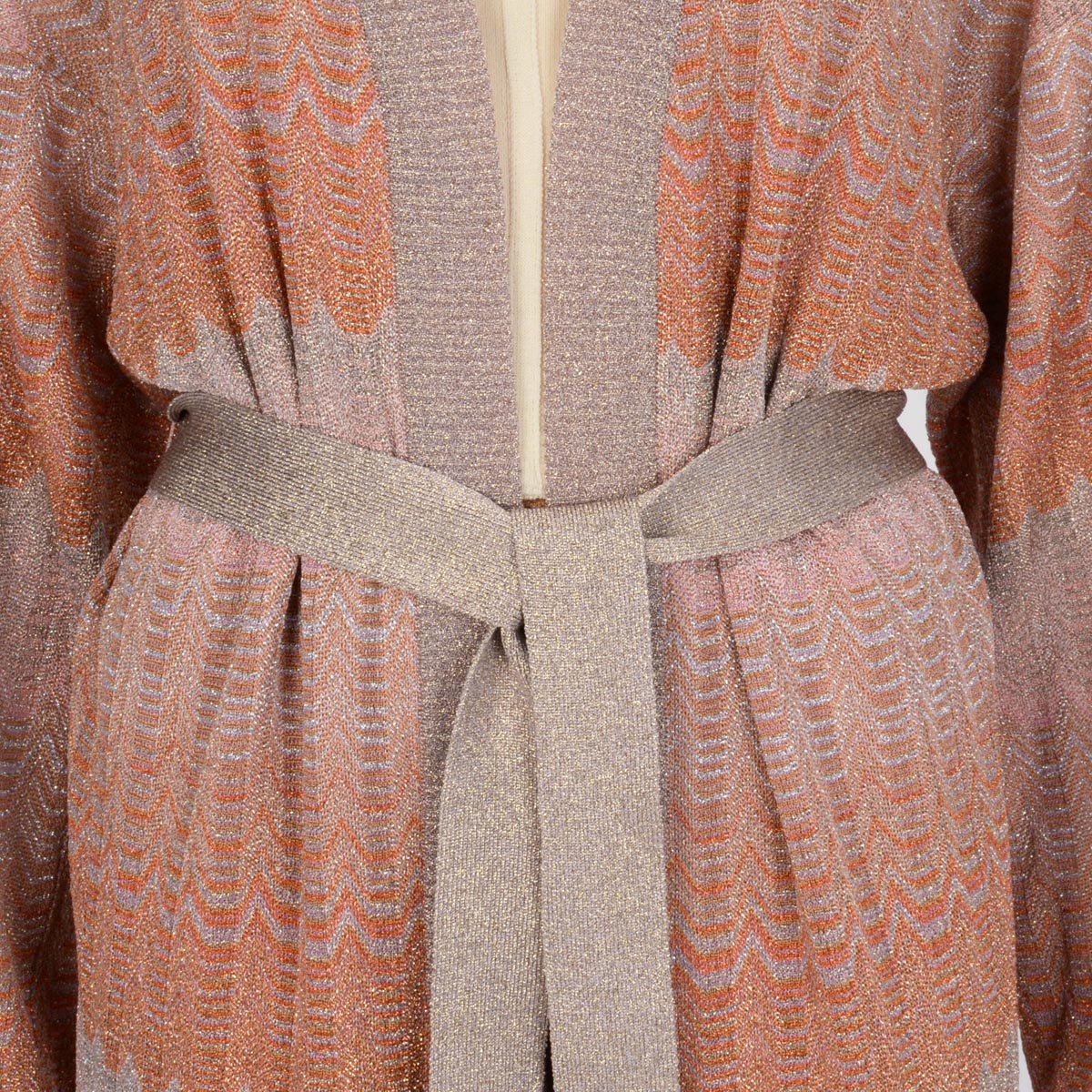Missoni Orange Lurex Waves Chevron Belted Cardigan IT 40