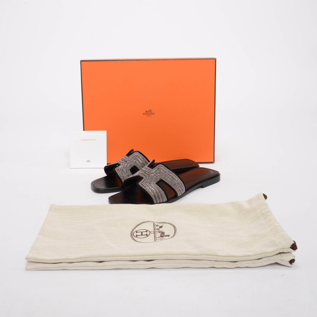 Hermes Black Suede Dabka Embroidered Oran Sandals 37