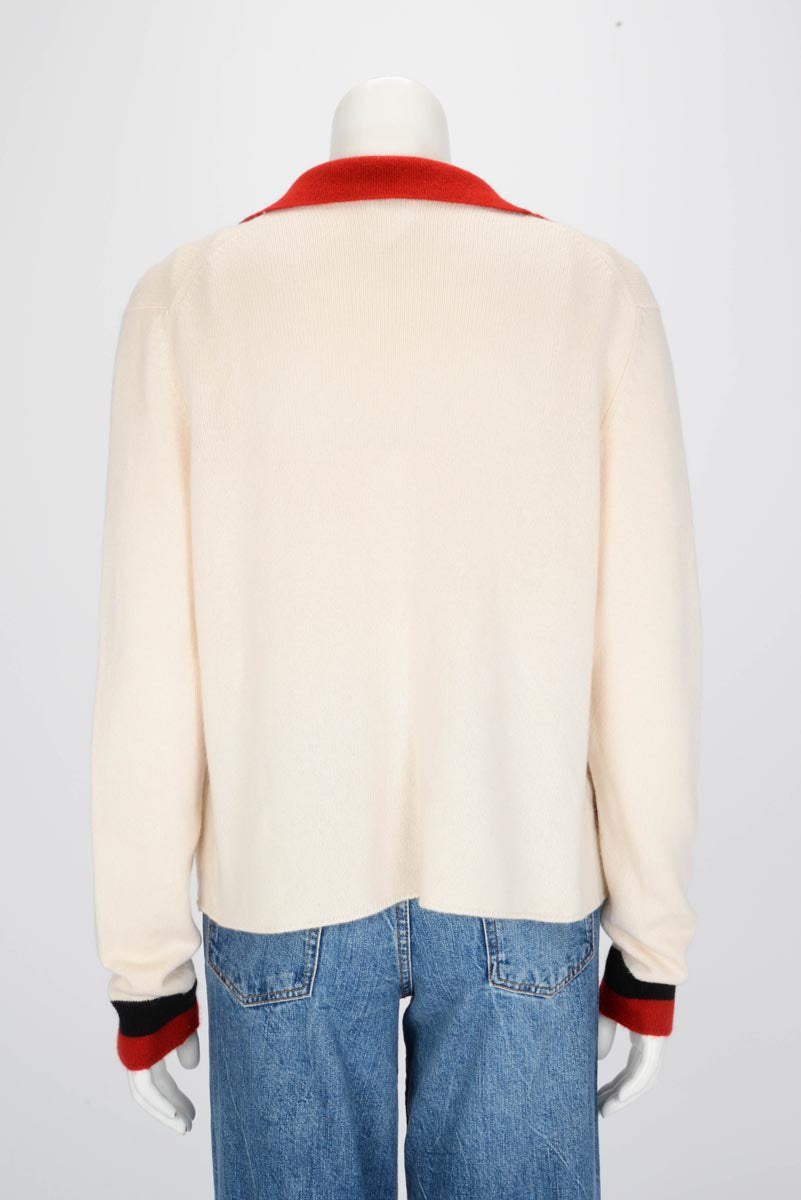 Chanel Ecru & Red Cashmere Open Cardigan FR 46