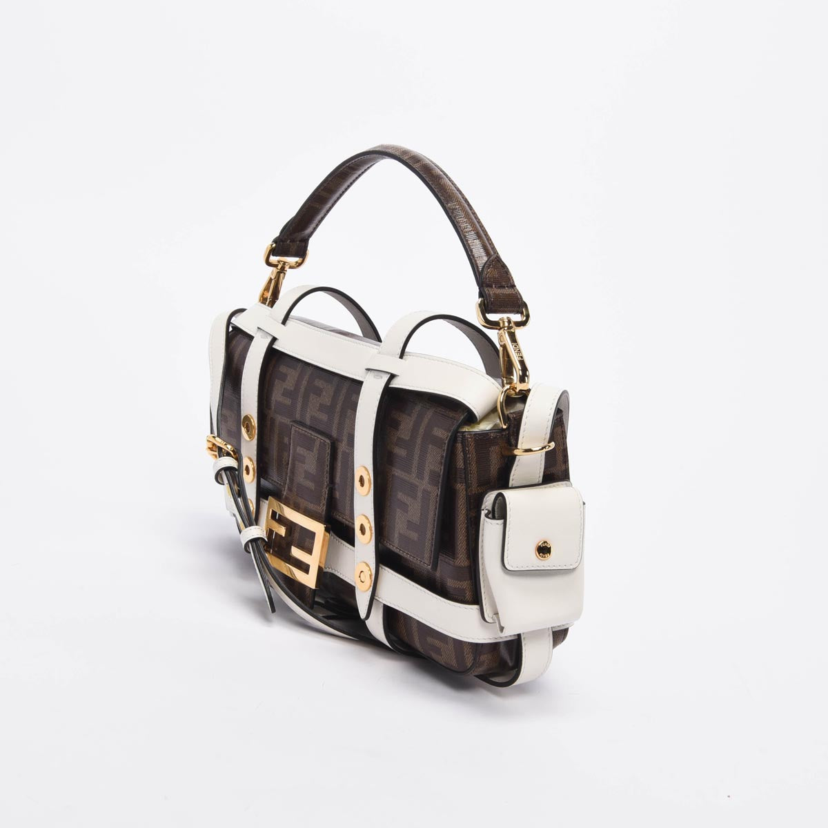 Fendi Tobacco & White Zucca Canvas Cage Baguette Bag
