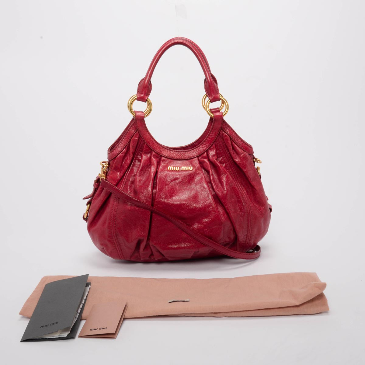 Miu Miu Red Vitello Pleated Hobo Bag