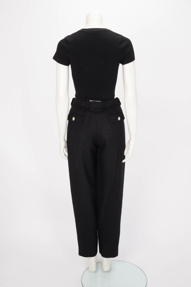Chanel Black Wool Crystal CC Button Pants FR 38