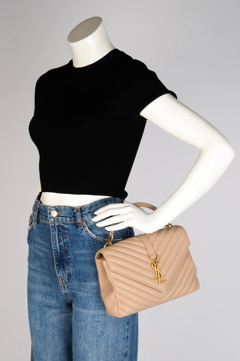 Saint Laurent Beige Chevron Calfskin Medium College Bag