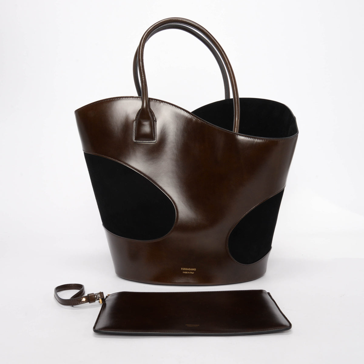 Ferragamo Brown & Black Calfskin & Suede Large Cut-Out Tote