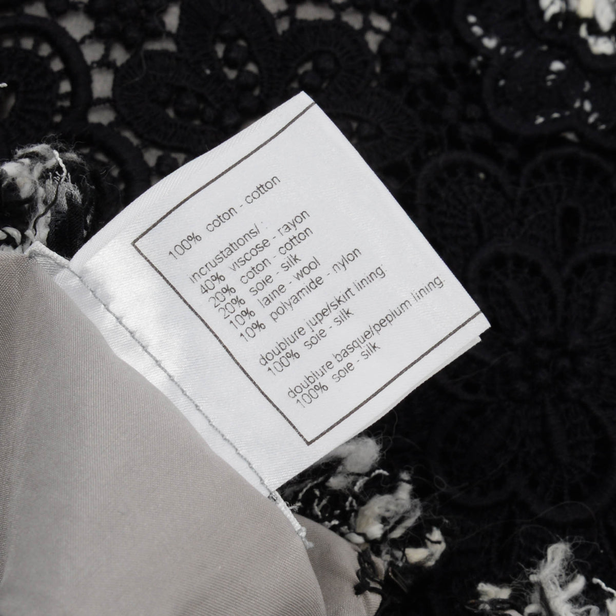 Chanel Black & White Lace Floral Applique Skirt FR 36