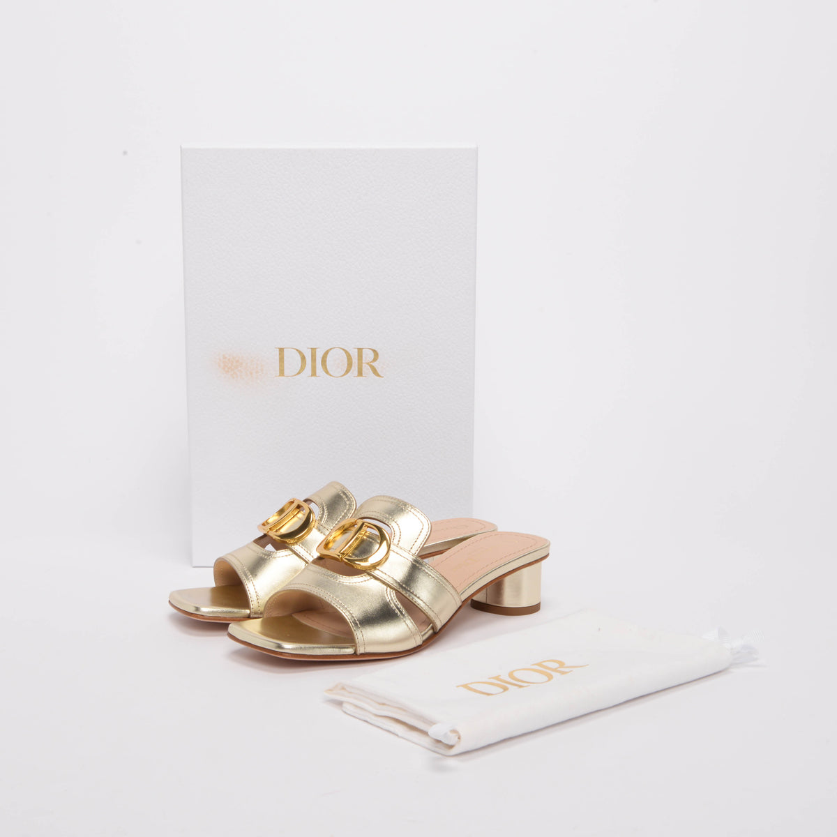 Dior Gold Laminated Calf 30 Montaigne Heeled Slides 37