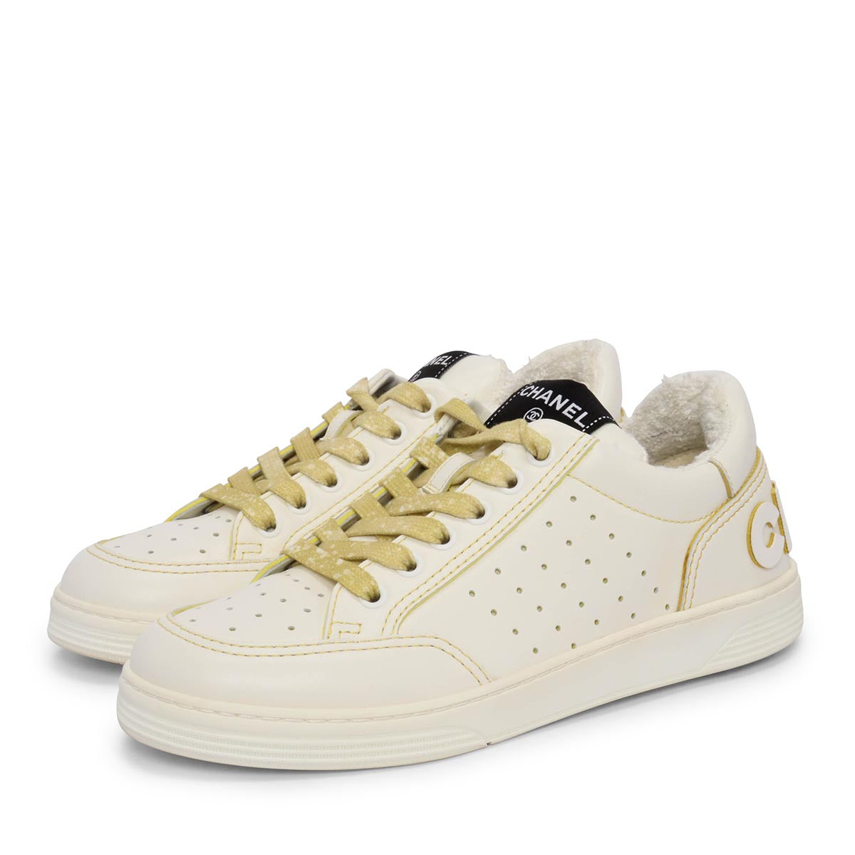Chanel White & Yellow Calfskin Logo Sneakers 37.5