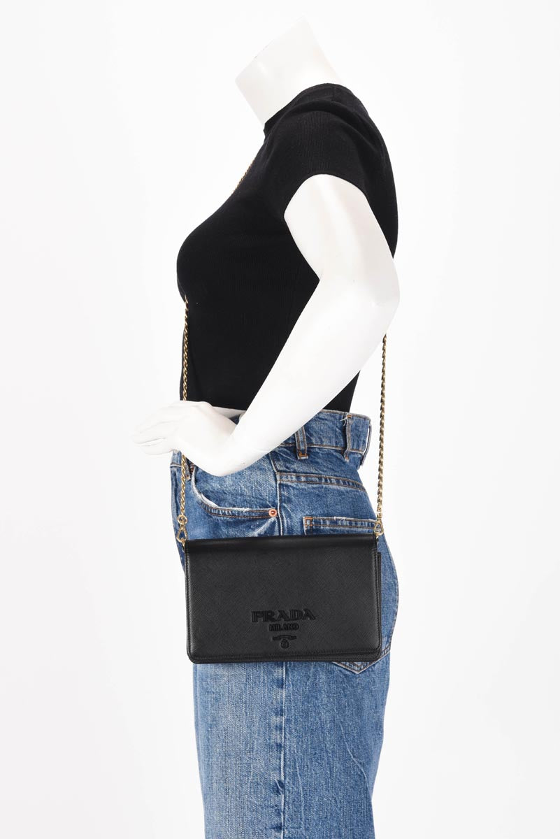 Prada Black Saffiano Lux Monochrome Chain Mini Bag