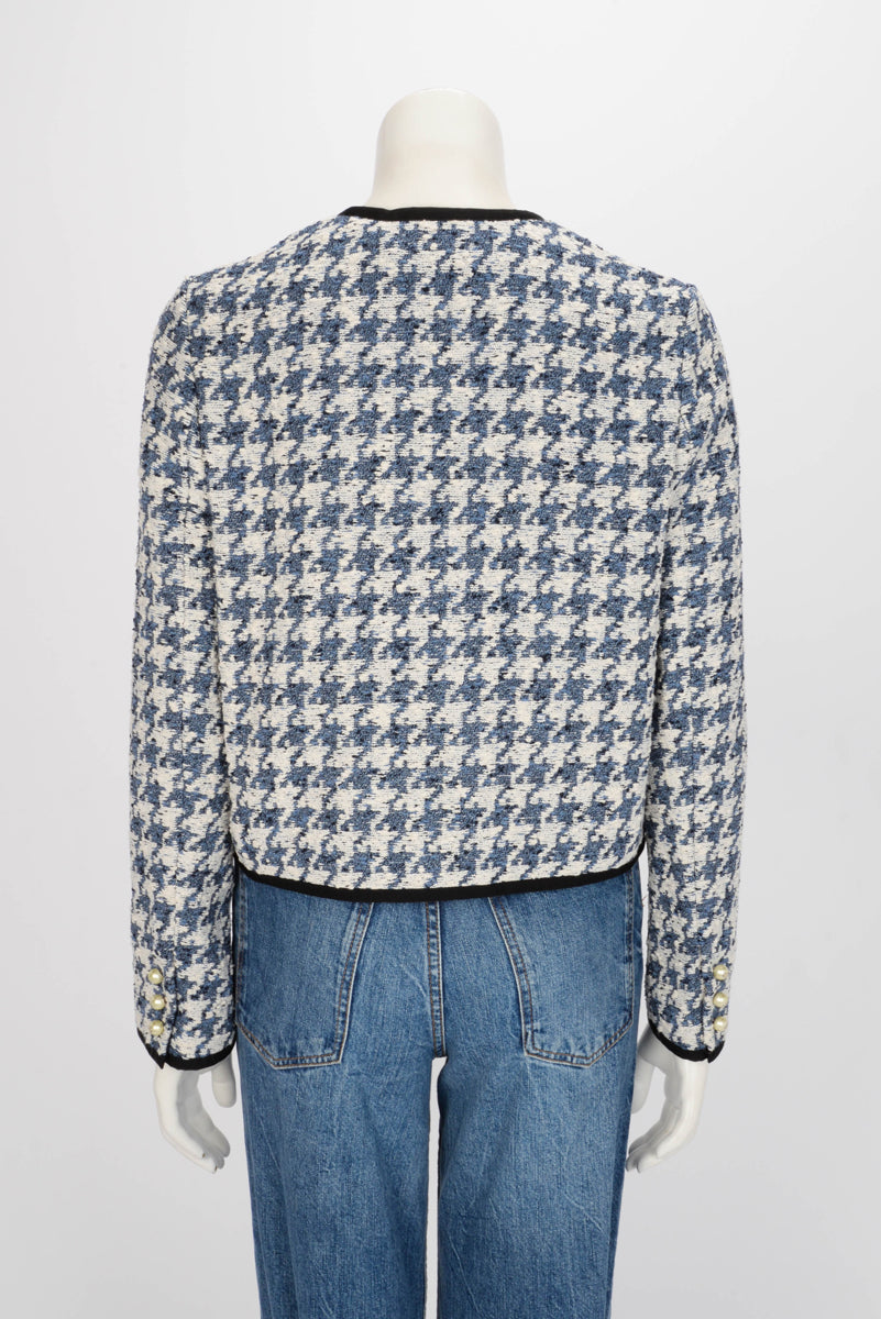Dior Blue & White Houndstooth Tweed Cropped Jacket FR 38
