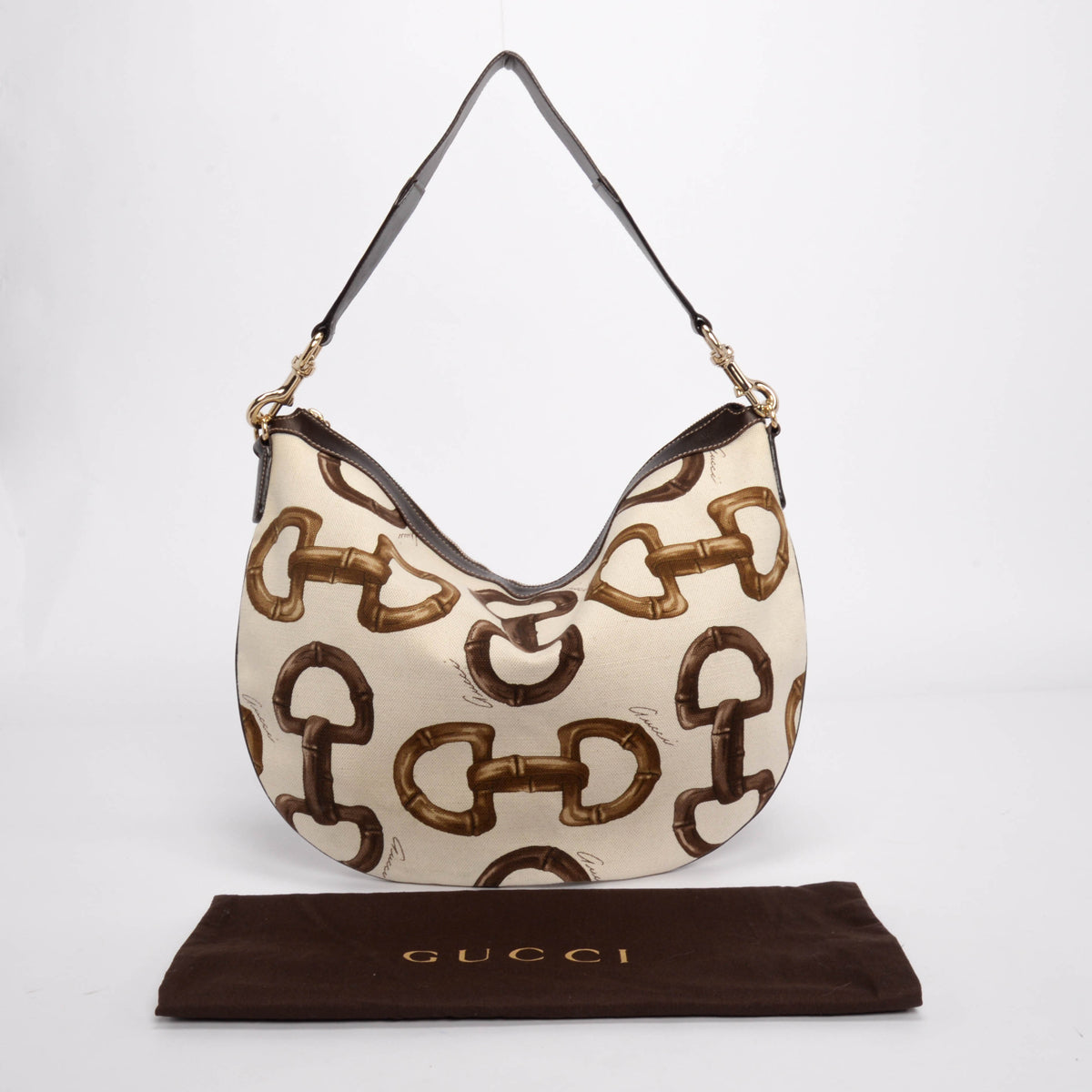 Gucci Brown Bamboo Horsebit Canvas Hobo Bag