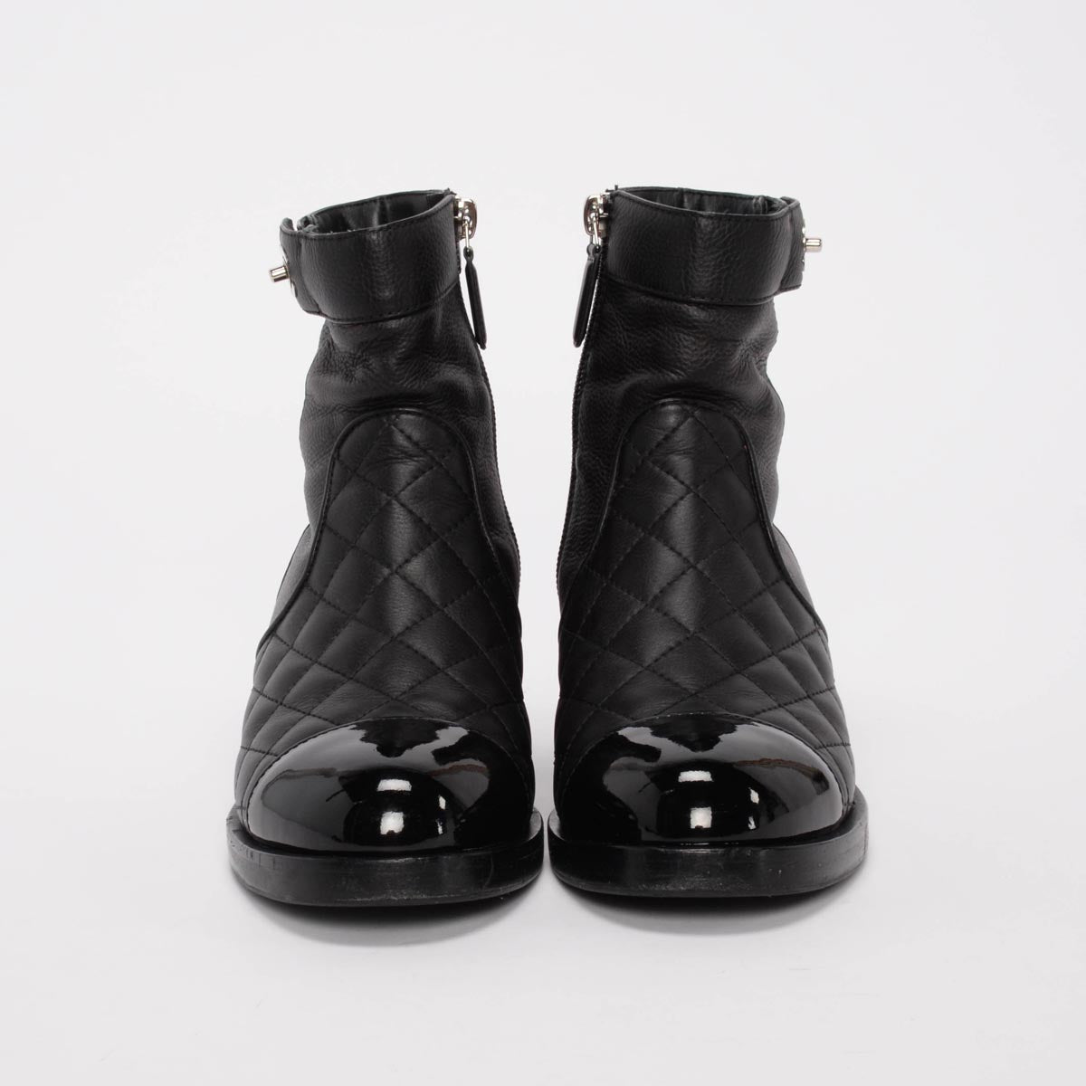 Chanel Black Calfskin & Patent Cap Toe Ankle Boots 36
