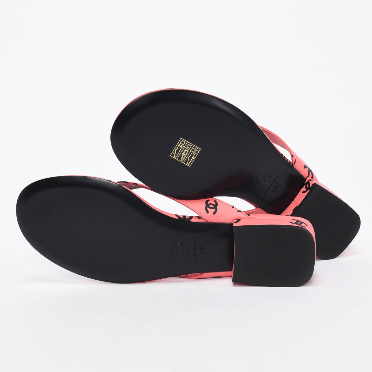 Chanel Pink & Black Lambskin CC Printed Thong Sandals 40