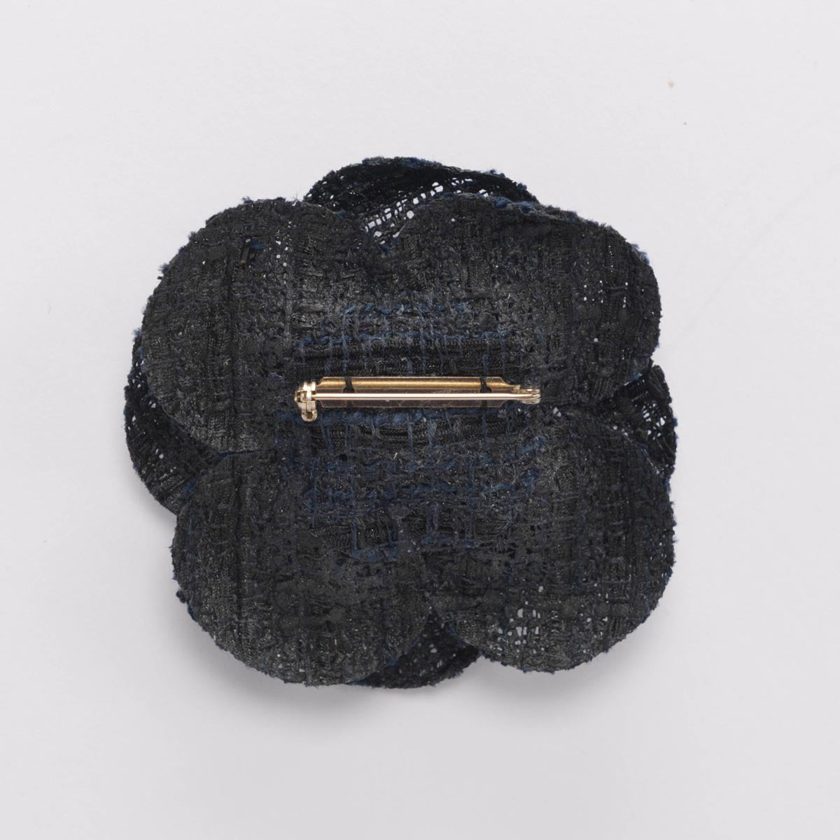 Chanel Navy & Black Tweed Camellia Brooch
