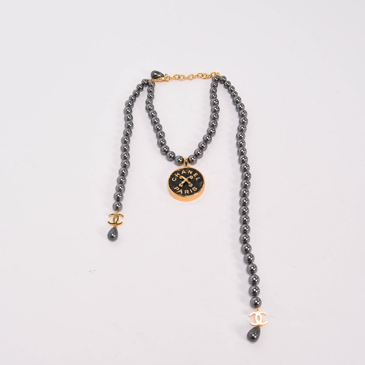 Chanel Charcoal Pearl & Resin CC Pendant Necklace with Lariat