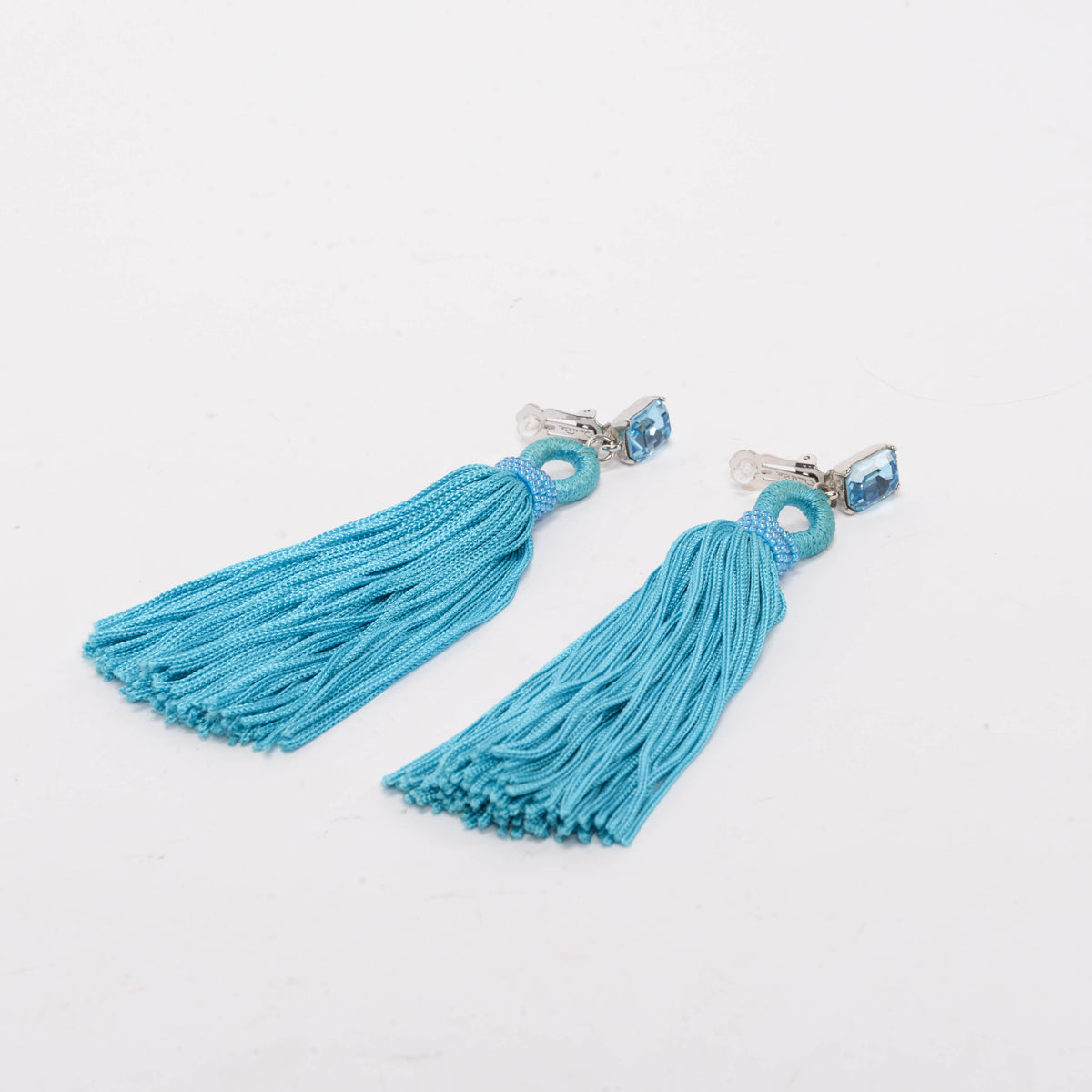 Oscar de la Renta Blue Crystal Tassel Clip On Earrings